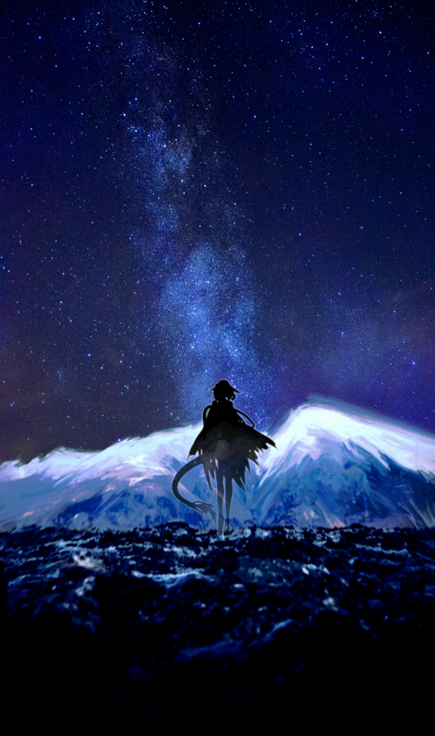 1girl, absurdres, animal_ears, anz1105, arknights, bird_ears, bird_girl, bird_tail, chinese_commentary, cloak, dress, full_body, highres, kjera_(arknights), mountain, night, outdoors, scenery, short_hair, silhouette, sky, solo, standing, star_(sky), starry_sky, tail
