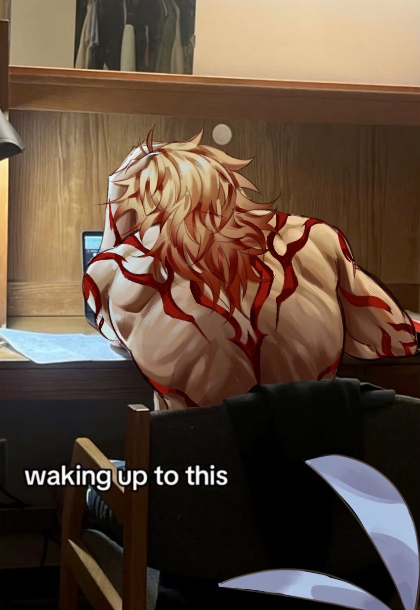 1boy, antenna_hair, arm_tattoo, back, back_tattoo, blonde_hair, commentary, computer