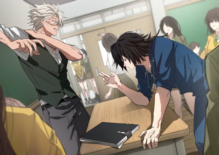 3boys, 6+girls, absurdres, b_bcollector, belt, black_belt, black_vest, blue_jacket, blue_pants, brown_hair, classroom, green_jacket, grey_pants, grin, highres, jacket, kimetsu_no_yaiba, long_hair, low_ponytail, multiple_boys, multiple_girls, pants, ponytail, profile, scar, scar_on_face, shinazugawa_sanemi, short_hair, skirt, smile, spiked_hair, sweater, teeth, tomioka_giyuu, vest, yellow_sweater