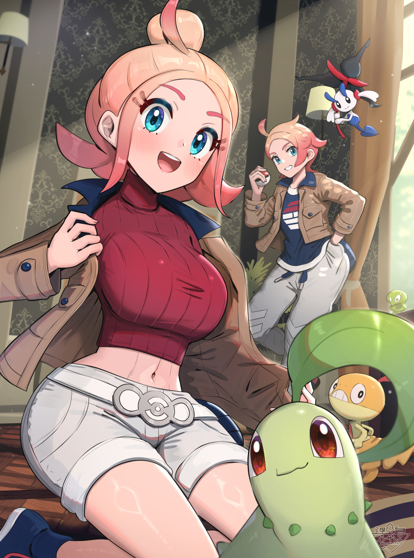 1boy, 1girl, absurdres, ahoge, blonde_hair, blue_eyes, blue_shirt, breasts, brown_jacket, chikorita, closed_mouth, crop_top, cropped_shirt, floette, floette_(eternal), flower, gen_2_pokemon, gen_5_pokemon, gen_6_pokemon, gonzarez, gradient_hair, grin, hair_bun, highres, holding, holding_flower, holding_poke_ball, jacket, large_breasts, leaf, long_sleeves, looking_at_viewer, midriff, multicolored_hair, navel, nintendo, open_clothes, open_jacket, open_mouth, pants, pink_hair, poke_ball, poke_ball_(basic), pokemon, pokemon_(creature), pokemon_legends:_z-a, red_eyes, red_shirt, ribbed_shirt, scraggy, shirt, short_hair, shorts, smile, taunie_(pokemon), teeth, turtleneck, turtleneck_shirt, urbain_(pokemon), white_shorts