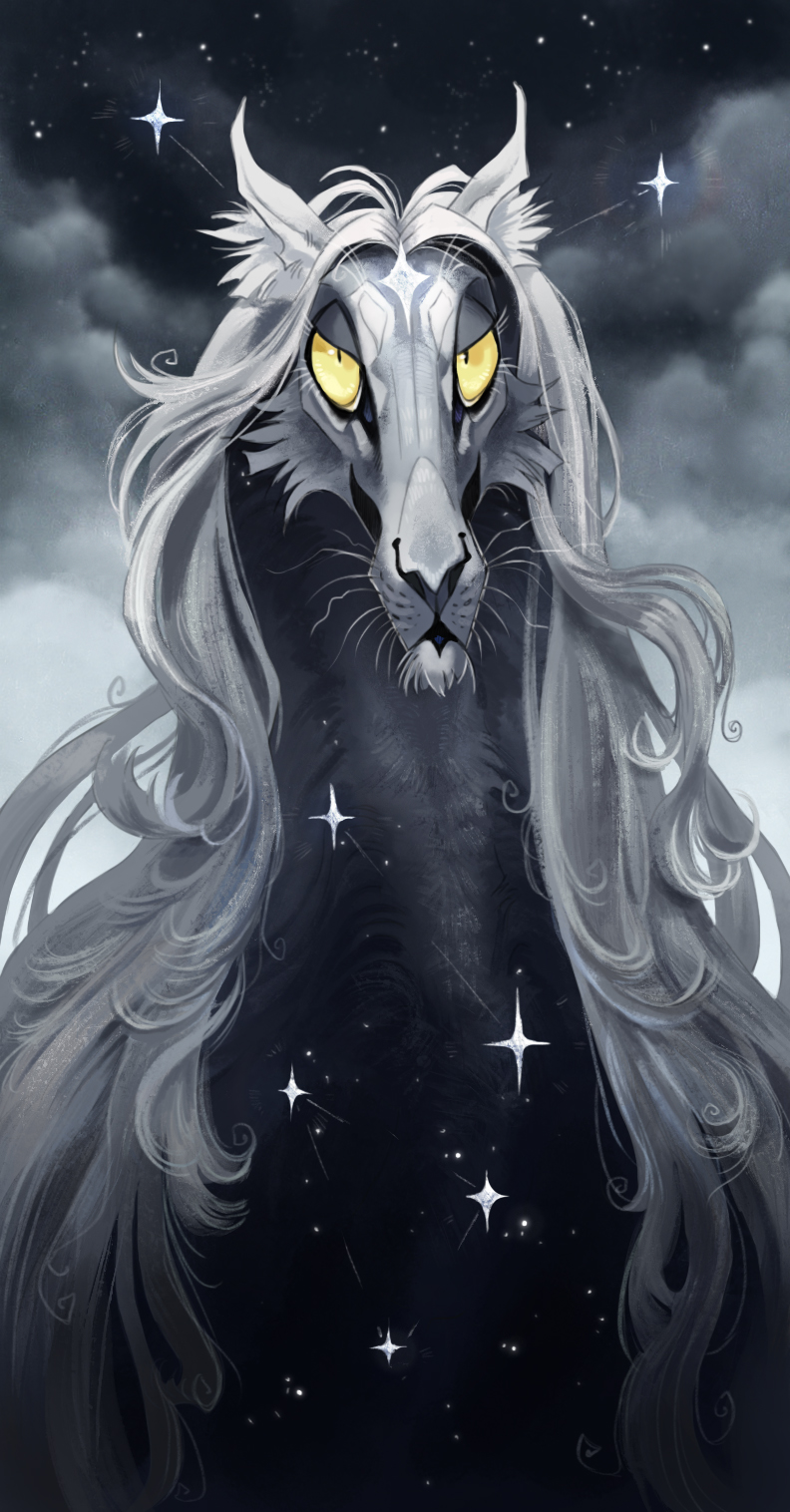 animal, animal_focus, closed_mouth, cloud, cloudy_sky, creature, grey_fur, grey_theme, highres, long_hair, no_humans, original, portrait, sky, solo, star_(sky), star_(symbol), tischeritsa, very_long_hair, wavy_hair, yellow_eyes