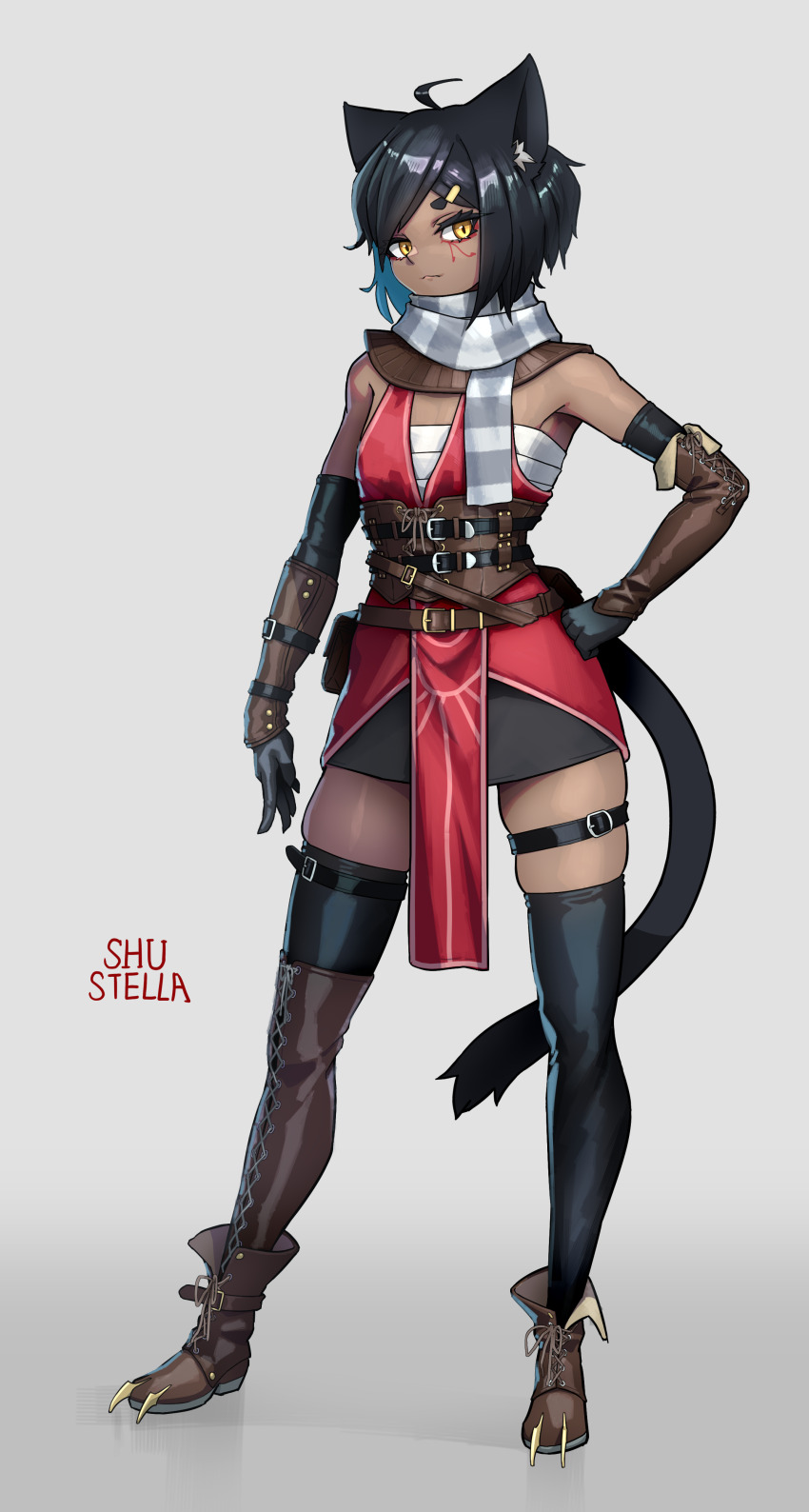 1boy, absurdres, ahoge, animal_ear_fluff, animal_ears, artist_name, bandaged_chest, black_gloves, black_hair, black_skirt, black_straps, black_thighhighs, boots, bracer, brown_boots, brown_thighhighs, cat_boy, cat_ears, cat_tail, chinese_commentary, commentary, crossdressing, crossdressing_(mtf), dark-skinned_male, dark_skin, elbow_gloves, english_commentary, facial_mark, full_body, gloves, gradient_background, grey_background, grey_scarf, hair_ornament, hairclip, highres, male_focus, miniskirt, mixed-language_commentary, original, red_robe, robe, scarf, short_hair, shu-stella, single_thighhigh, skindentation, skirt, solo, spiked_boots, striped_clothes, striped_scarf, tachi-e, tail, thigh_strap, thighhighs, trap, white_scarf, zettai_ryouiki