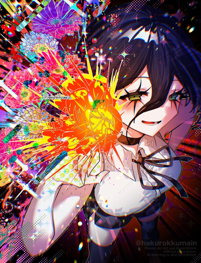 1girl, black_choker, black_ribbon, black_shorts, black_thighhighs, blue_hair, blush, breasts