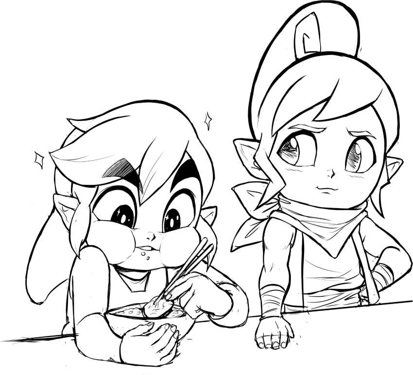1boy, 1girl, armwrap, bandana, bowl, chopsticks, eating, food, highres, link, nintendo, noodles, pointy_ears, princess_zelda, ramen, stocking_cap, tetra, the_legend_of_zelda, the_legend_of_zelda:_the_wind_waker, toon_link, vest