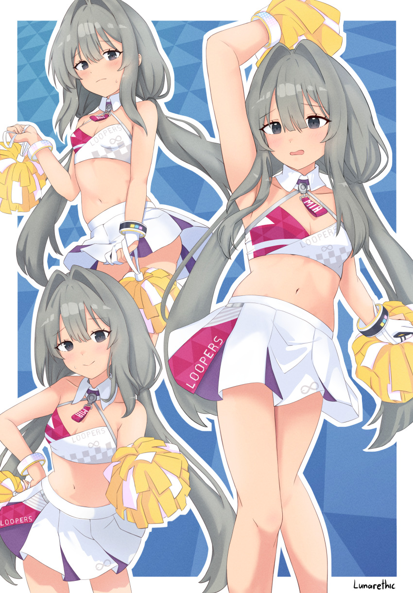 1girl, absurdres, alternate_costume, arm_up, artist_name, bare_shoulders, blue_archive, blue_background