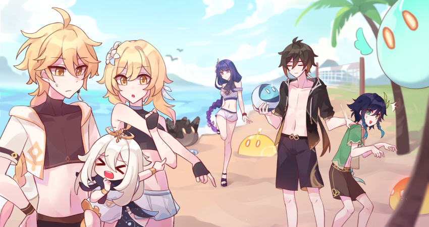 3boys, 3girls, abs, absurdres, aether_(genshin_impact), ahoge, alternate_costume, anemo_slime_(genshin_impact)