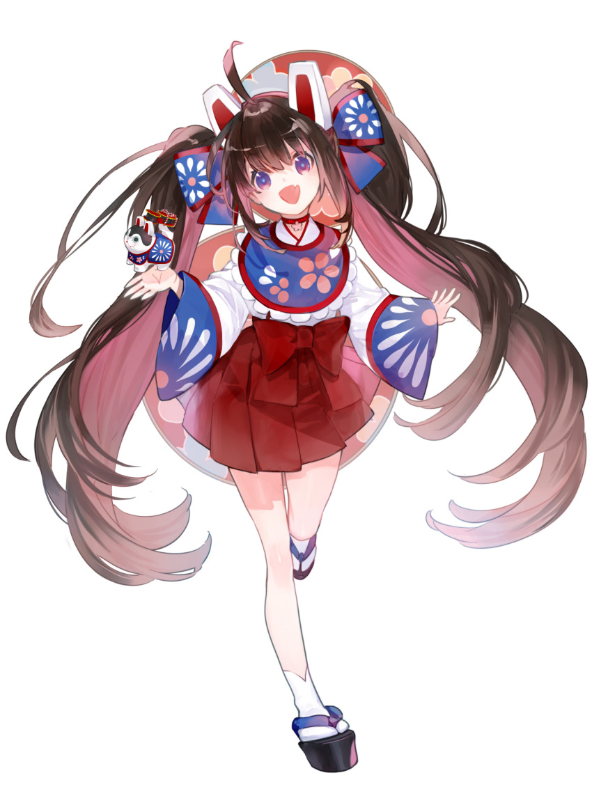 1girl, :d, ahoge, animal_ears, black_hair, blue_bow, bow, colored_inner_hair