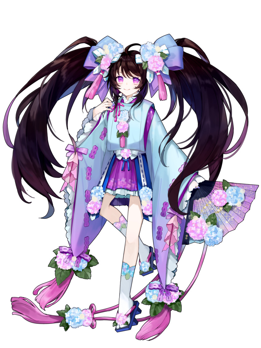 1girl, ahoge, black_hair, blue_bow, bow, dairoku_ryouhei, folding_fan, full_body, geta, hair_bow, hand_fan, hand_up, highres, holding, holding_fan, japanese_clothes, long_hair, looking_at_viewer, pbwdouka, purple_eyes, purple_nails, satsuki_ukagami, skirt, smile, socks, solo, standing, tassel, transparent_background, twintails, very_long_hair, white_socks
