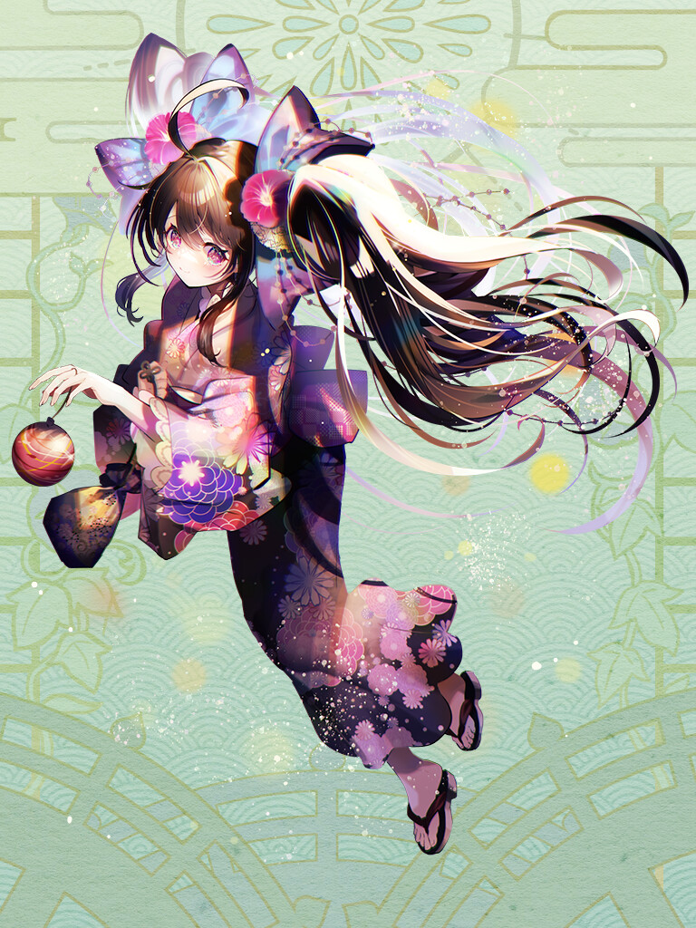 1girl, ahoge, black_hair, bow, dairoku_ryouhei, floral_print, floral_print_kimono, flower, full_body, green_background, hair_bow, hair_flower, hair_ornament, holding, japanese_clothes, kimono, kinchaku, looking_at_viewer, morning_glory, nihakusanren, pouch, print_kimono, purple_eyes, sandals, satsuki_ukagami, twintails, water_yoyo