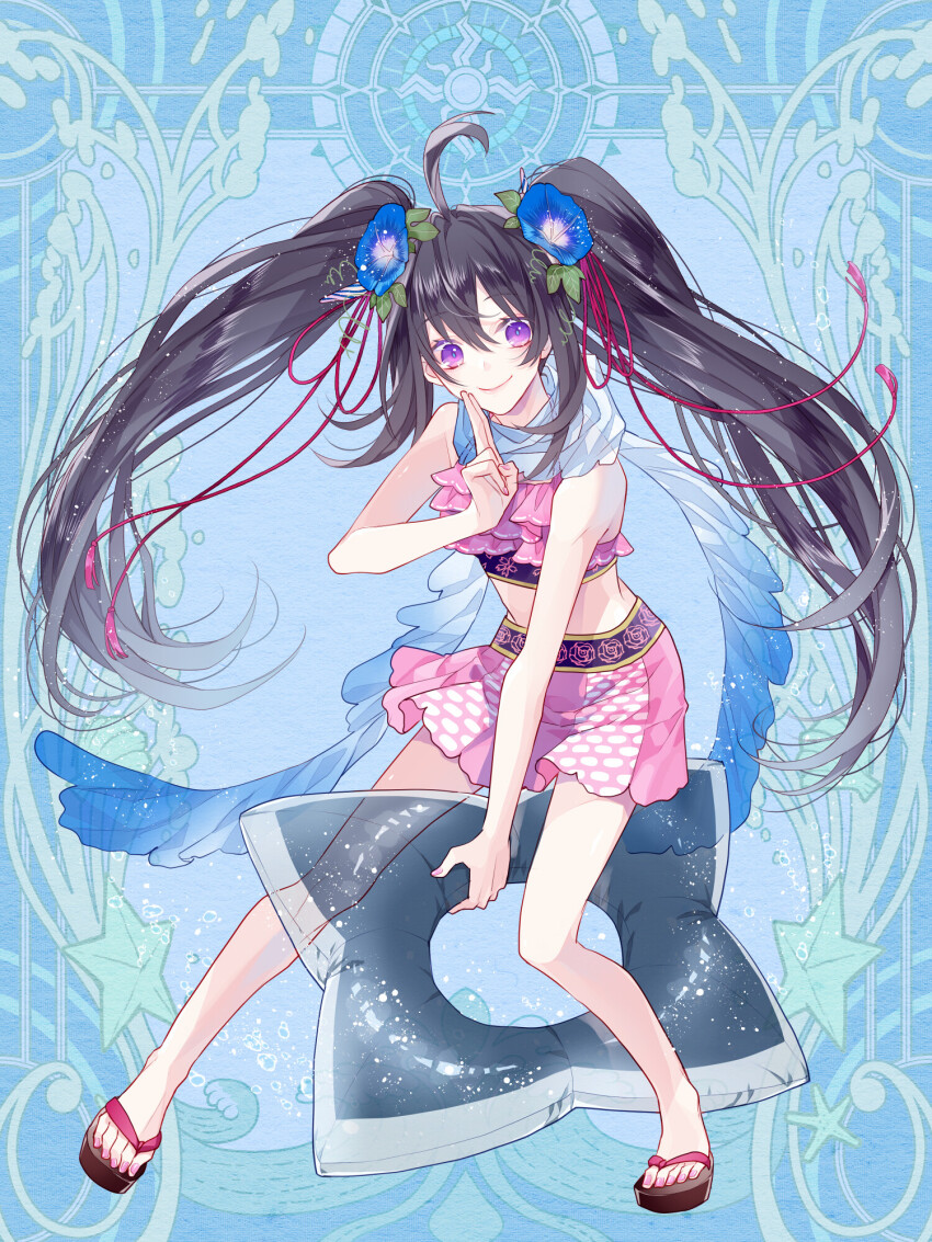 1girl, black_hair, blue_background, breasts, crop_top, dairoku_ryouhei, flower, full_body, hair_flower, hair_ornament, highres, index_fingers_raised, inflatable_toy, looking_at_viewer, mikuni_(tw), morning_glory, pink_skirt, purple_eyes, red_ribbon, ribbon, sandals, satsuki_ukagami, scarf, skirt, small_breasts, smile, twintails