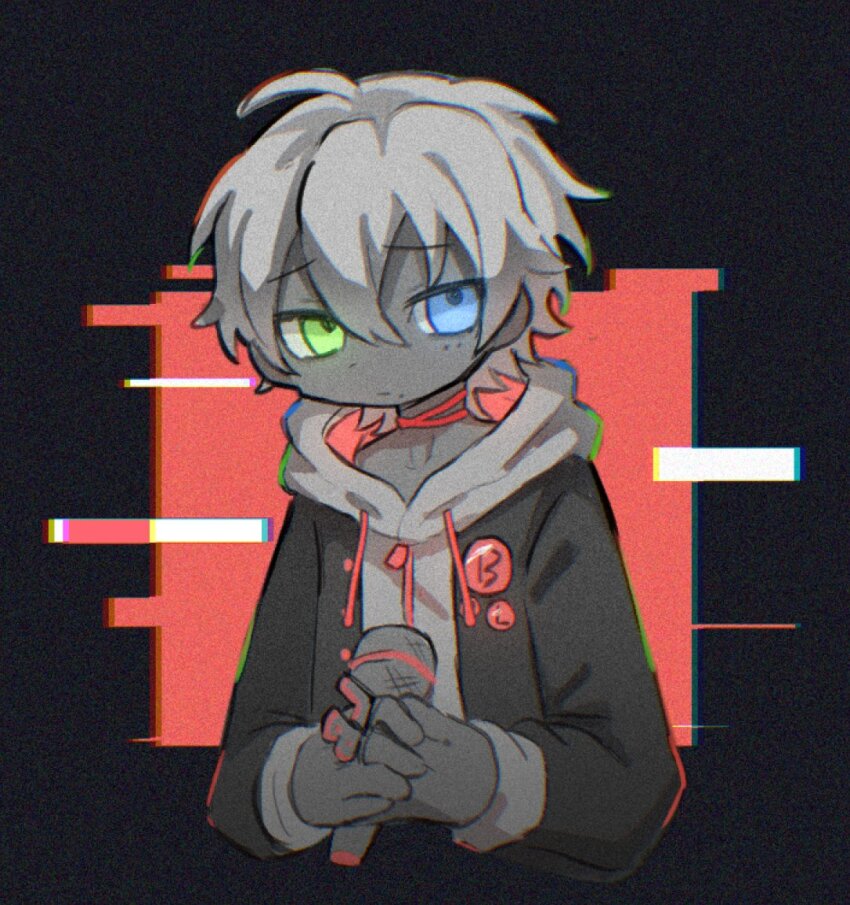 1boy, ahoge, badge, black_background, black_jacket, blue_eyes, button_badge, choker