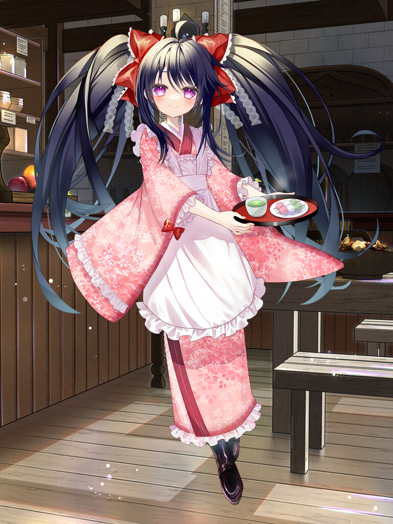 1girl, akemitsume, apron, black_hair, black_shoes, blush, bow, cup