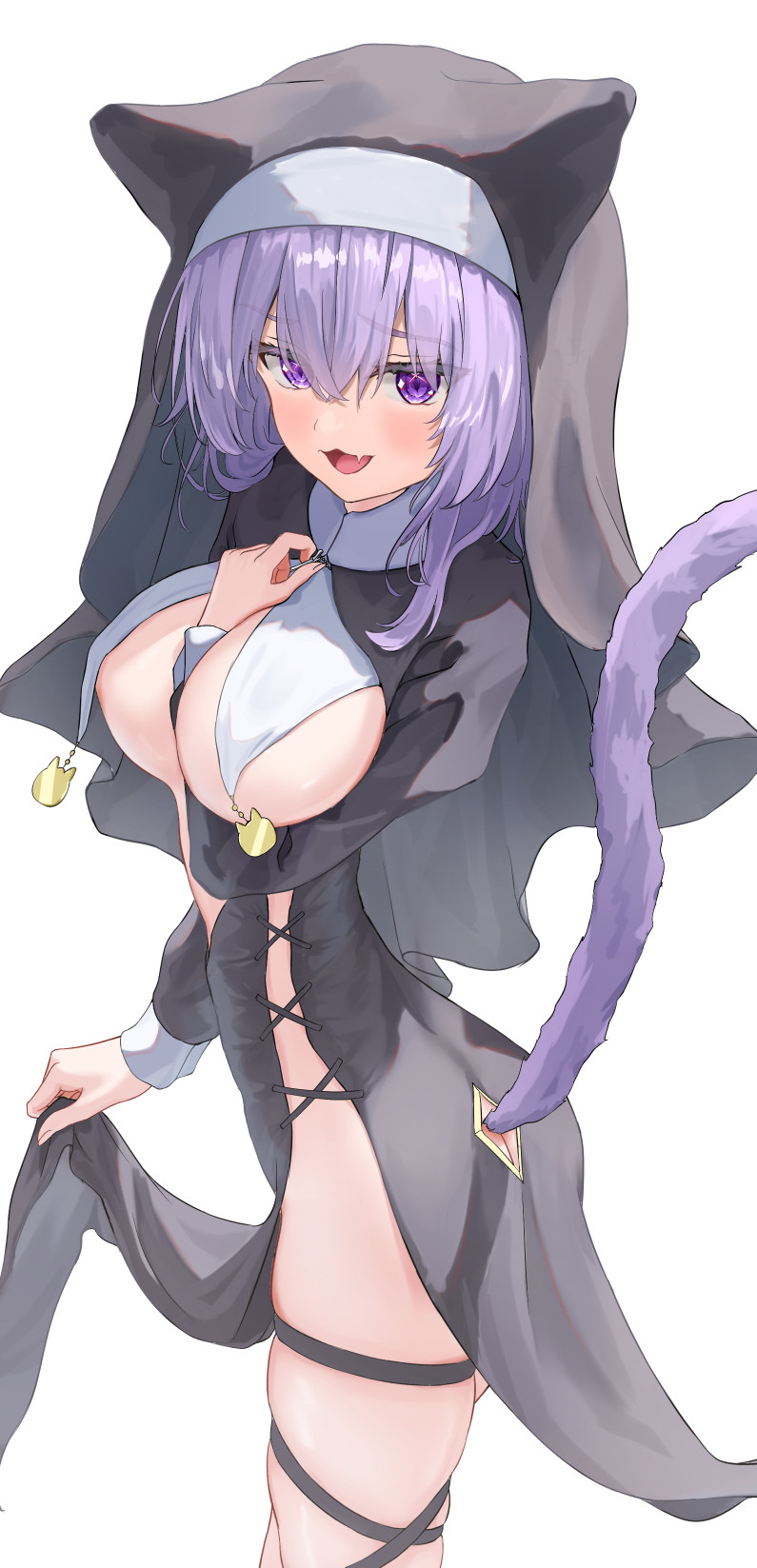 1girl, animal_ears, arm_between_breasts, between_breasts, black_dress, black_hat, blush, breasts, cat_ears, cat_girl, cat_tail, clothes_lift, dress, dress_lift, fang, hat, highres, hololive, large_breasts, lifting_own_clothes, looking_at_viewer, medium_hair, nekomata_okayu, nun, open_mouth, purple_eyes, purple_hair, skin_fang, smile, solo, tail, thigh_strap, virtual_youtuber, yuno_usagi