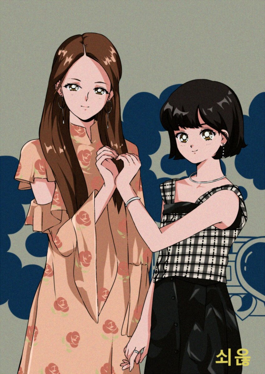 12_07sh, 2girls, black_hair, blunt_bangs, blush, bob_cut, brown_eyes, dress