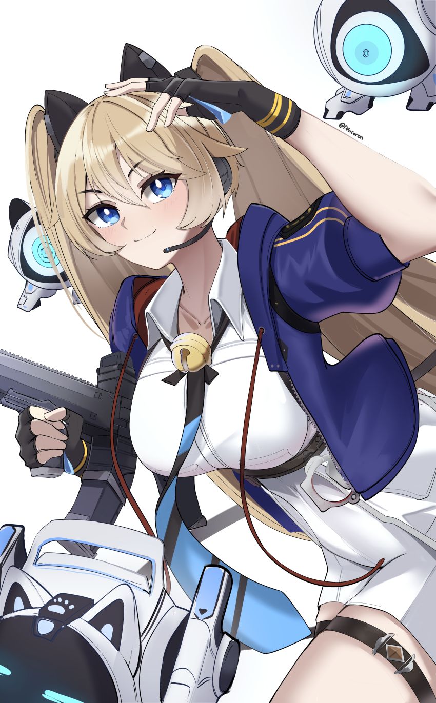 1girl, absurdres, animal_ear_headphones, animal_ears, bell, blonde_hair, blue_eyes, blush