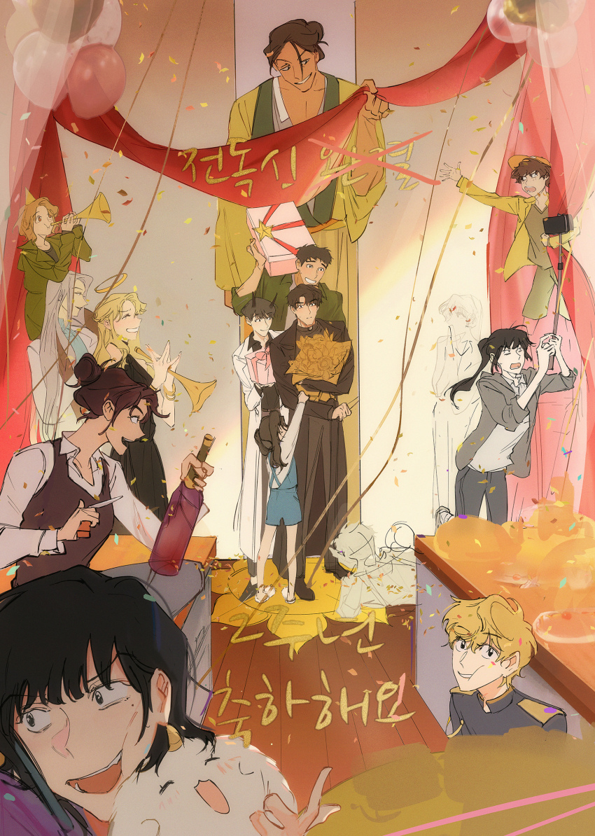 5boys, 6+girls, :d, absurdres, annotated, balloon, bangle, baseball_cap