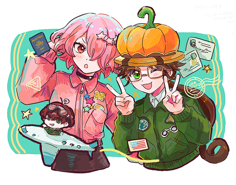 1boy, 2girls, aircraft, airplane, american_flag, black_skirt, blush, brown_hair