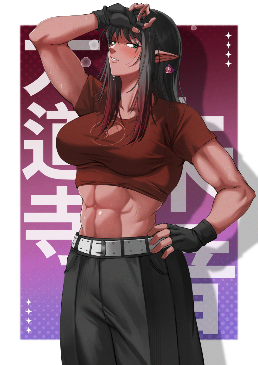 1girl, abs, absurdres, antennae, belt, black_gloves, black_hair, black_pants, breasts, colored_skin, daidouji_akane, earrings, fax61209, fingerless_gloves, gloves, green_eyes, highres, jewelry, looking_at_viewer, milky_galactic_universe, milky_subway, multicolored_hair, muscular, muscular_female, pants, pointy_ears, red_skin, short_sleeves, streaked_hair, sweat, sweatdrop