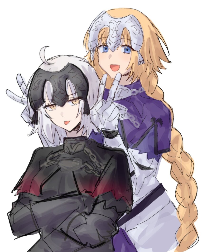 2girls, ahoge, armor, black_armor, black_capelet, blonde_hair, blue_eyes, capelet