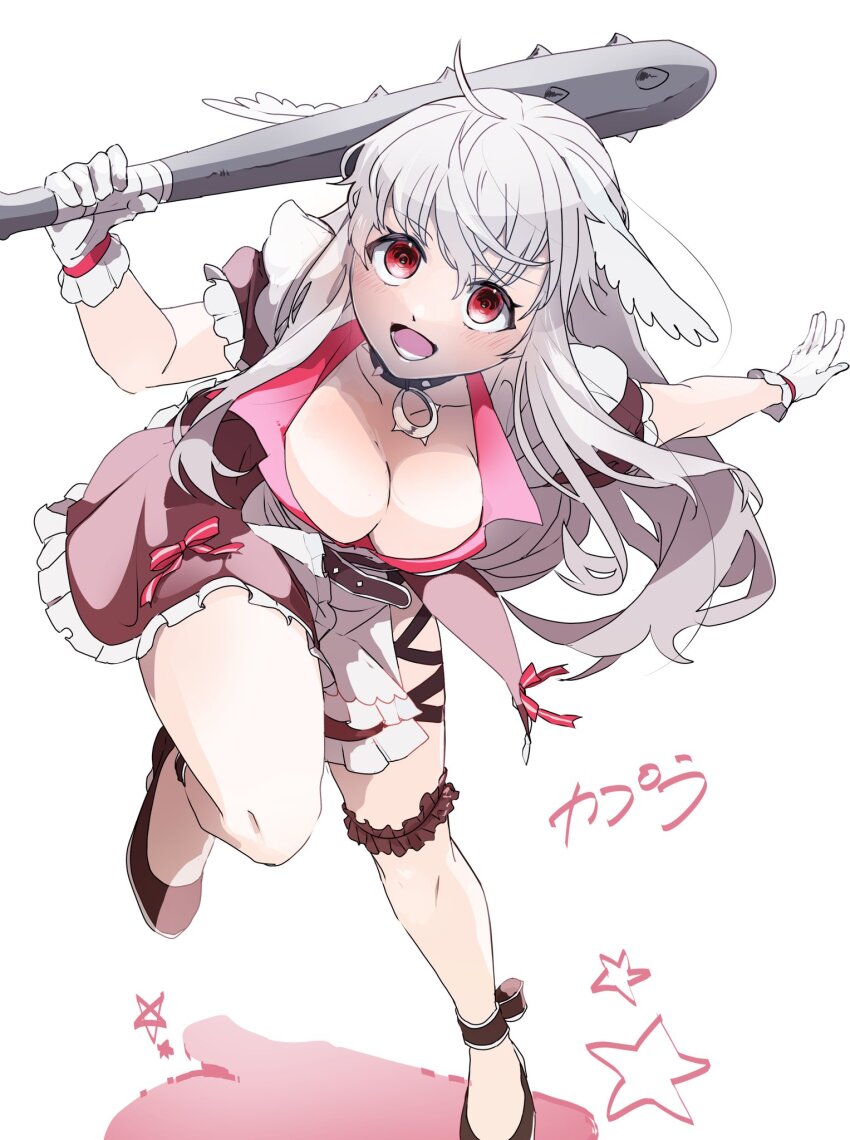 1girl, adapted_costume, arch_bishop_(ragnarok_online), black_shoes, blush, breasts, brown_dress, cleavage