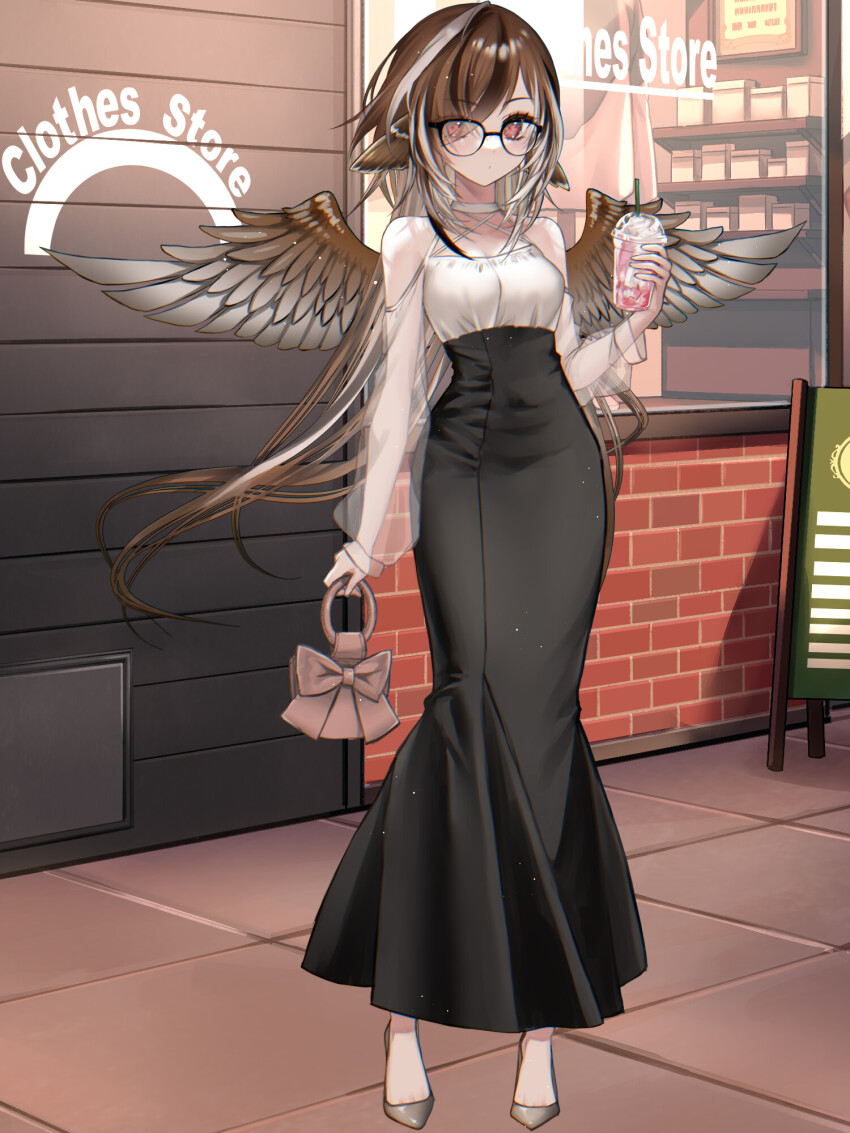 1girl, bag, black-framed_eyewear, black_dress, brown_hair, brown_wings, cup, dairoku_ryouhei