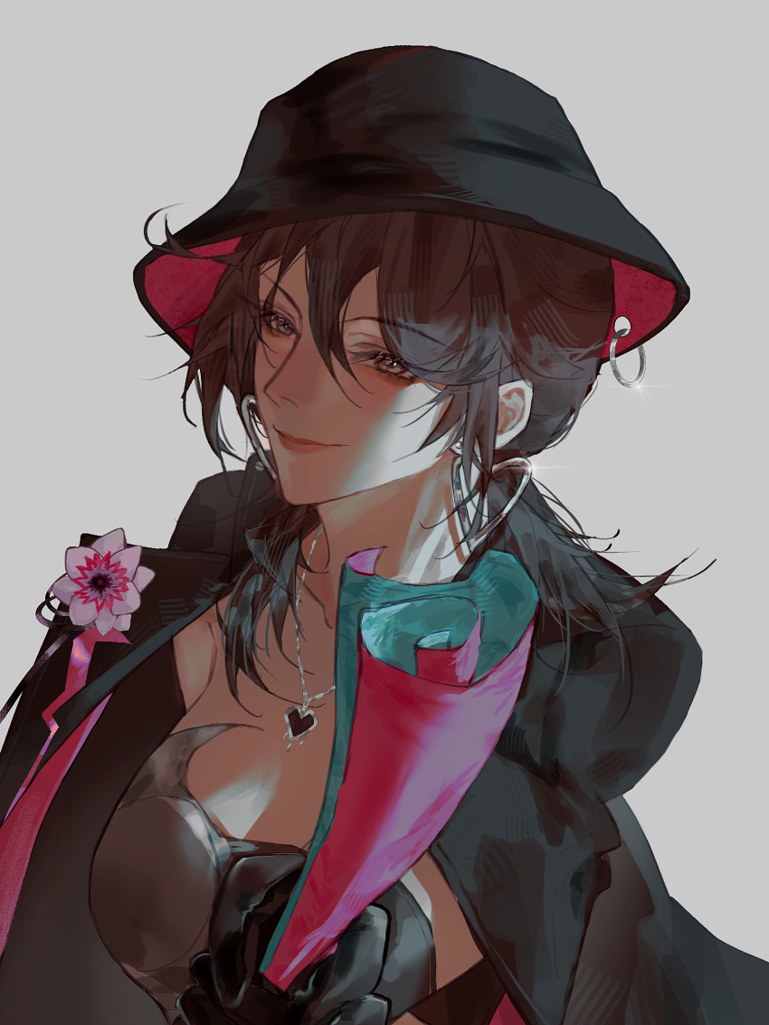 1girl, black_coat, black_eyes, black_gloves, black_hair, black_hat, black_shirt, boutonniere