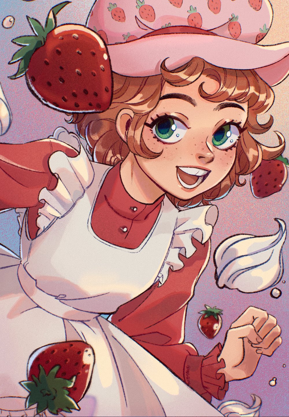 1girl, :d, apron, brown_hair, buttons, chromatic_aberration, clenched_hand, commentary