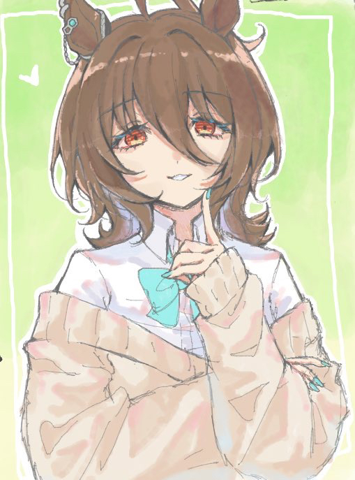 1girl, agnes_tachyon_(umamusume), ahoge, animal_ears, aqua_bow, aqua_bowtie, bow, bowtie, chemical_structure, collared_shirt, ear_ornament, earrings, green_background, hair_between_eyes, hand_up, heart, horse_ears, horse_girl, index_finger_raised, jewelry, off_shoulder, parted_lips, red_eyes, ri_ri_0818, school_uniform, shirt, single_earring, smile, solo, sweater, umamusume, white_shirt, wolf_cut, yellow_sweater