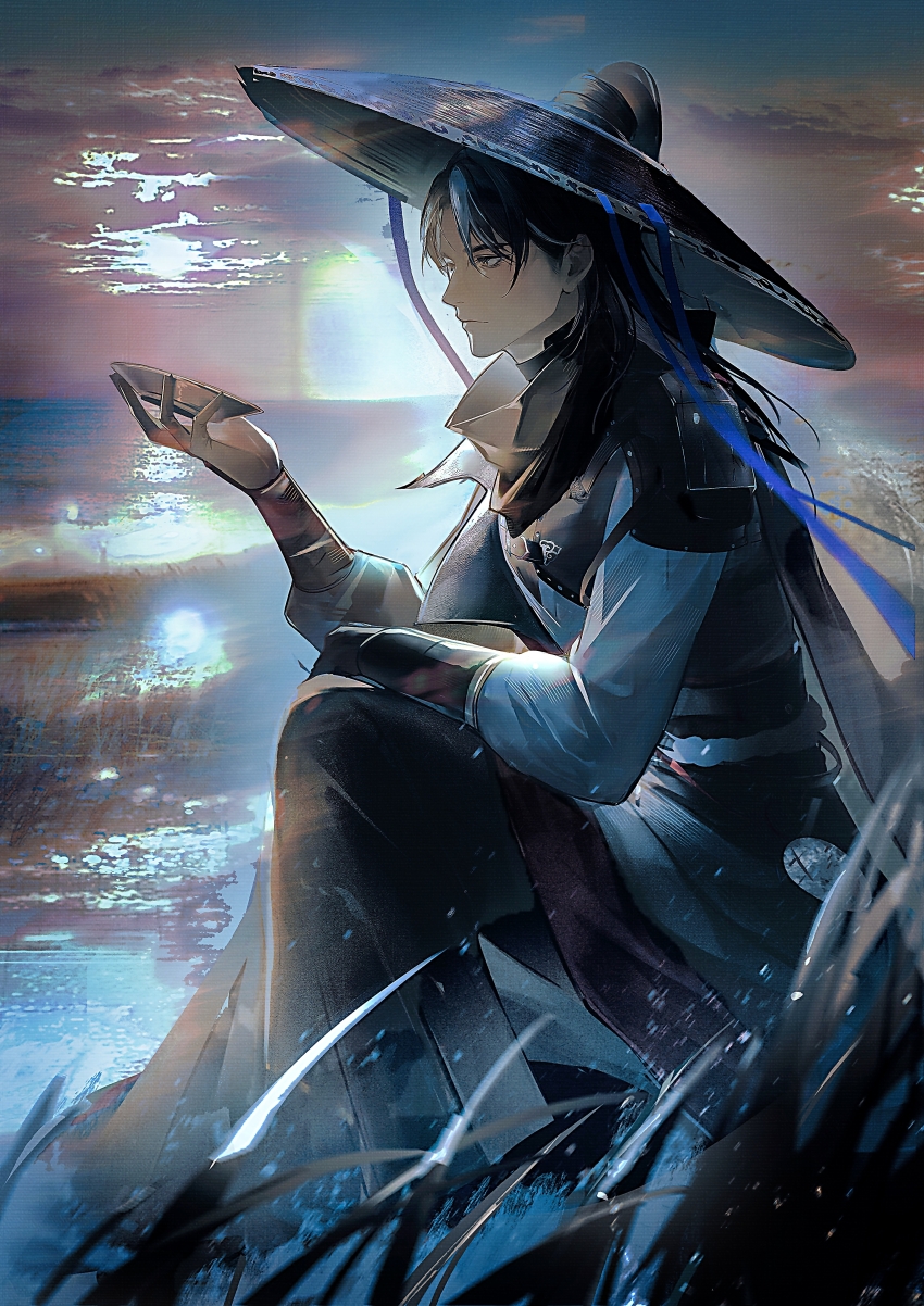 1boy, absurdres, bandana, bandana_around_neck, black_bandana, black_hair, black_hat, bowl, earl_(path_to_nowhere), forehead, from_side, full_body, hair_through_headwear, hat, highres, holding, holding_bowl, lake, large_hat, long_hair, looking_at_object, male_focus, multicolored_hair, parted_bangs, path_to_nowhere, qingci, reeds, rope_belt, sash, shoulder_pads, sitting, solo, streaked_hair, sunrise