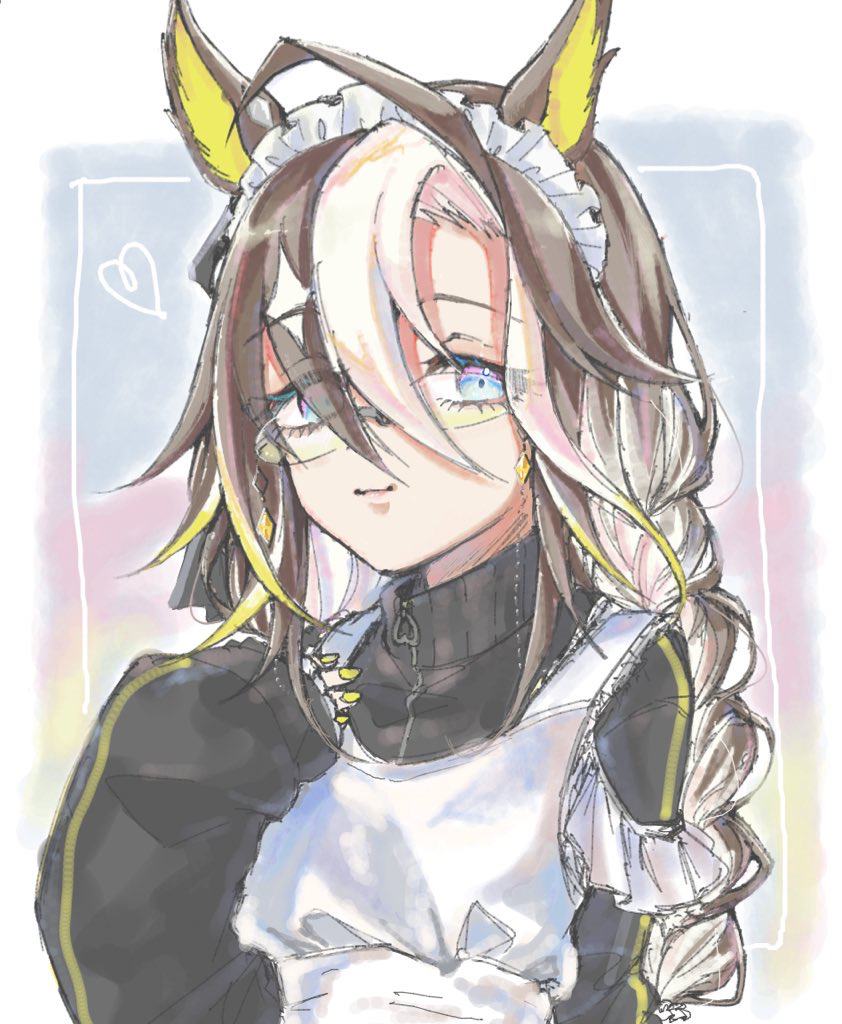 1girl, ahoge, animal_ears, apron, black_jacket, blue_eyes, braid, braided_ponytail