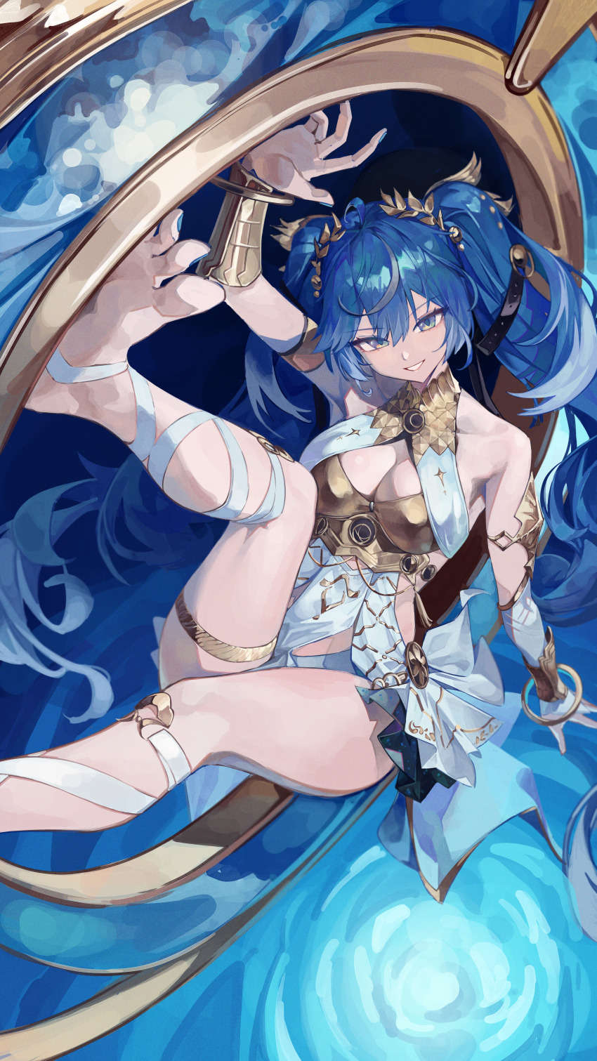 1girl, absurdres, ahoge, ancient_greek_clothes, arm_up, armlet, bare_shoulders, bell, black_skirt, blue_hair, blue_nails, bokk_eouh, breasts, cleavage, commentary, feet, foot_out_of_frame, gold_bra, greco-roman_clothes, hair_bell, hair_ornament, highres, iuno_(wuthering_waves), jewelry, laurel_crown, leg_wrap, long_hair, looking_at_viewer, medium_breasts, multicolored_hair, nail_polish, parted_lips, showgirl_skirt, skirt, smile, solo, streaked_hair, thighlet, thighs, toenail_polish, toenails, toes, twintails, vambraces, very_long_hair, wuthering_waves