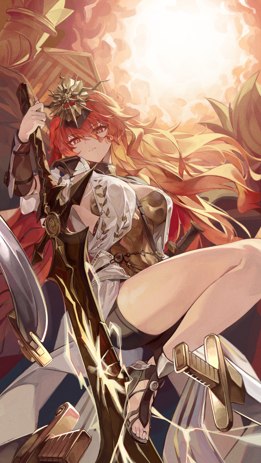 1girl, absurdres, ancient_greek_clothes, armor, augusta_(wuthering_waves), bare_legs, black_collar, black_shorts, bokk_eouh, breastplate, breasts, closed_mouth, collar, commentary, dress, greco-roman_clothes, hair_between_eyes, headgear, highres, holding, holding_sword, holding_weapon, large_breasts, legs, long_hair, looking_at_viewer, orange_eyes, orange_hair, orange_theme, sandals, shorts, solo, sun, sword, thighs, weapon, white_dress, wuthering_waves