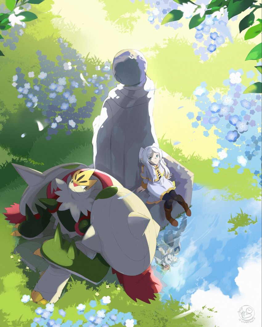 1boy, 1girl, 1other, blue_eyes, blue_hair, blue_tunic, boots, breasts