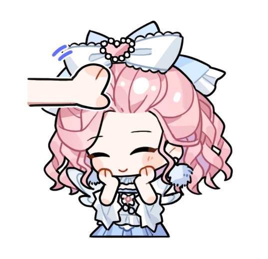 1girl, ^_^, angel_wings, animal_hands, artist_request, blue_bow, blue_choker, blue_dress, blush_stickers, bow, chibi, choker, closed_eyes, closed_mouth, cloud_reverie_(infinity_nikki), cropped_legs, dress, drill_hair, earrings, fake_wings, frilled_bow, frilled_choker, frilled_sleeves, frills, hair_bow, hair_ornament, hands_on_own_cheeks, hands_on_own_face, happy, headpat, heart, heart_hair_ornament, infinity_nikki, jewelry, lace-trimmed_bow, lace_trim, large_bow, long_sleeves, medium_hair, momo_(nikki), motion_lines, nikki_(series), official_art, pink_hair, pleated_dress, pom_pom_(clothes), pom_pom_earrings, sidelocks, smile, solo_focus, sticker_(medium), transparent_background, two-tone_bow, white_bow, white_sleeves, white_wings, wide_sleeves, wings