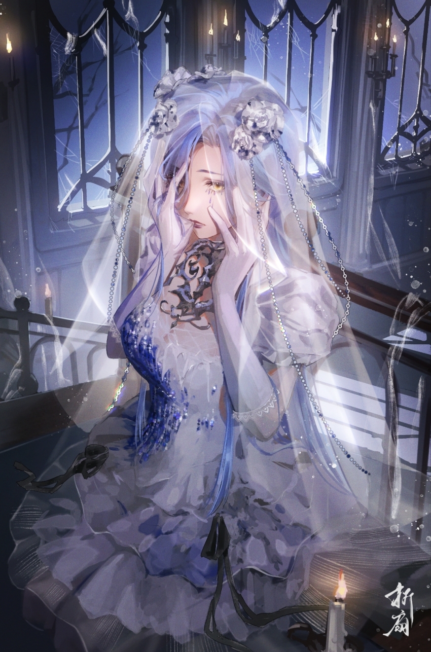 1girl, asymmetrical_bangs, biting, biting_glove, blue_hair, breasts, bridal_veil, candle