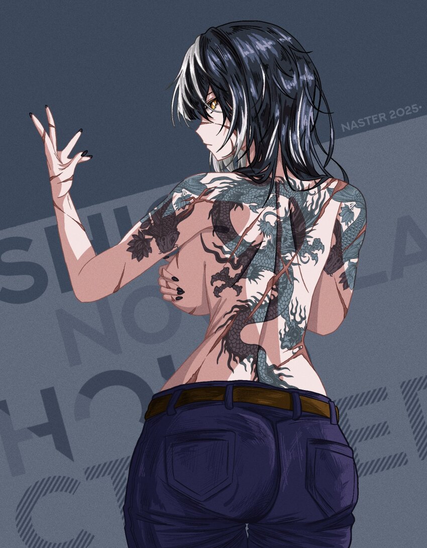 1girl, ass, back_tattoo, bare_shoulders, belt, breasts, casual, covering_breasts