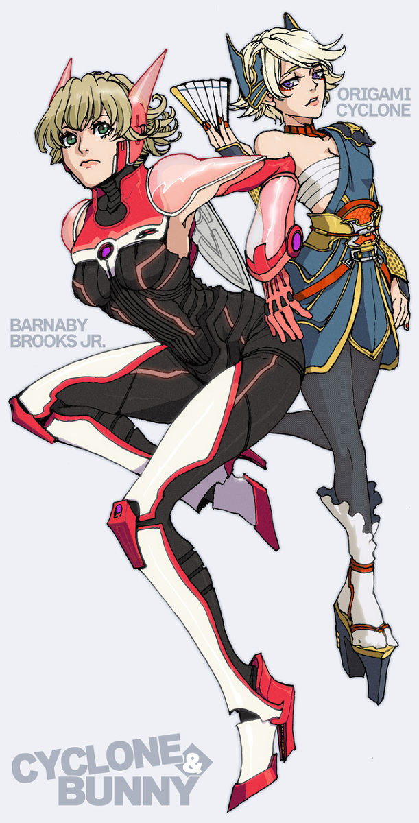 10s, 2girls, armor, bad_id, bad_pixiv_id, bare_shoulders, barnaby_brooks_jr., blonde_hair