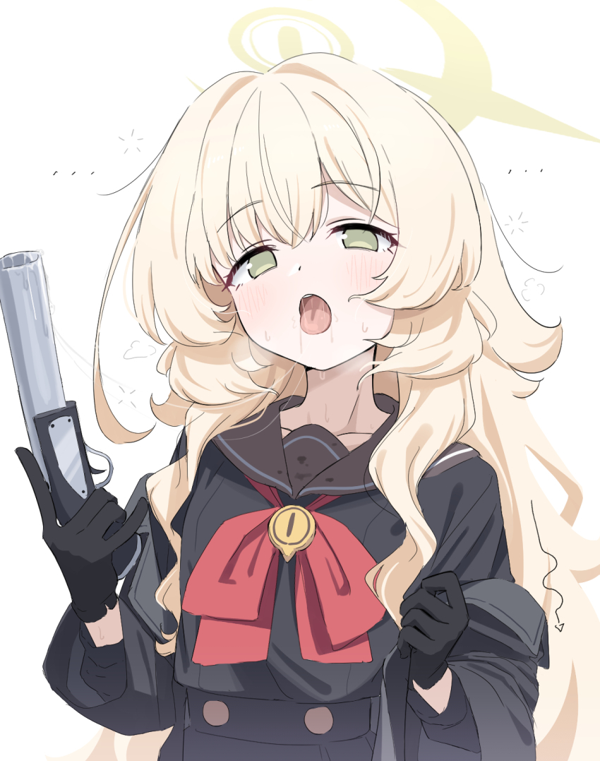 1girl, arm_up, black_coat, black_gloves, black_sailor_collar, black_serafuku, blonde_hair, blue_archive