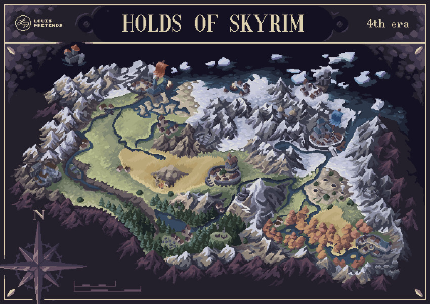 absurdres, banner, battle_standard, border, castle, commentary, compass_rose, english_commentary, english_text, glacier, highres, island, lake, louispretends, map_(medium), mountain, pixel_art, river, the_elder_scrolls, the_elder_scrolls_v:_skyrim, town, tree, war_banner