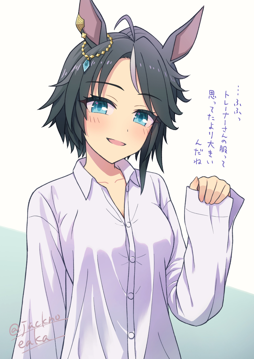 1girl, :d, absurdres, ahoge, animal_ears, black_hair, blue_eyes, blush