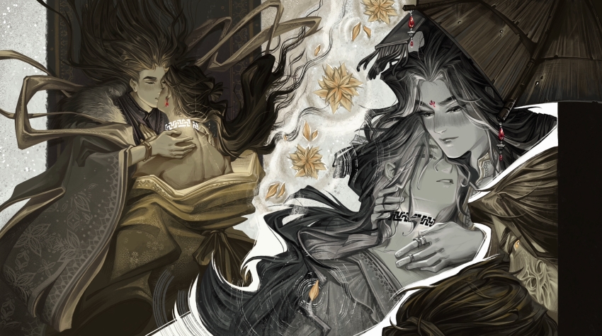 2boys, abstract_background, amonimy, bare_back, black_eyes, black_hair, bracelet, brown_hair