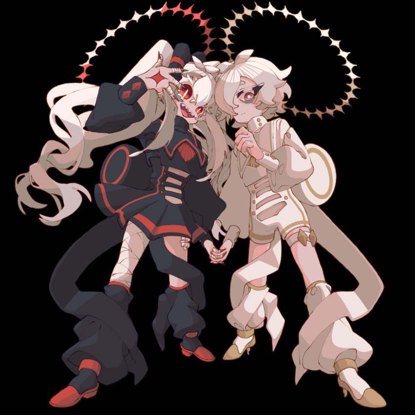 1boy, 1girl, ahoge, back_bow, bags_under_eyes, bandaged_fingers, bandaged_leg, bandages