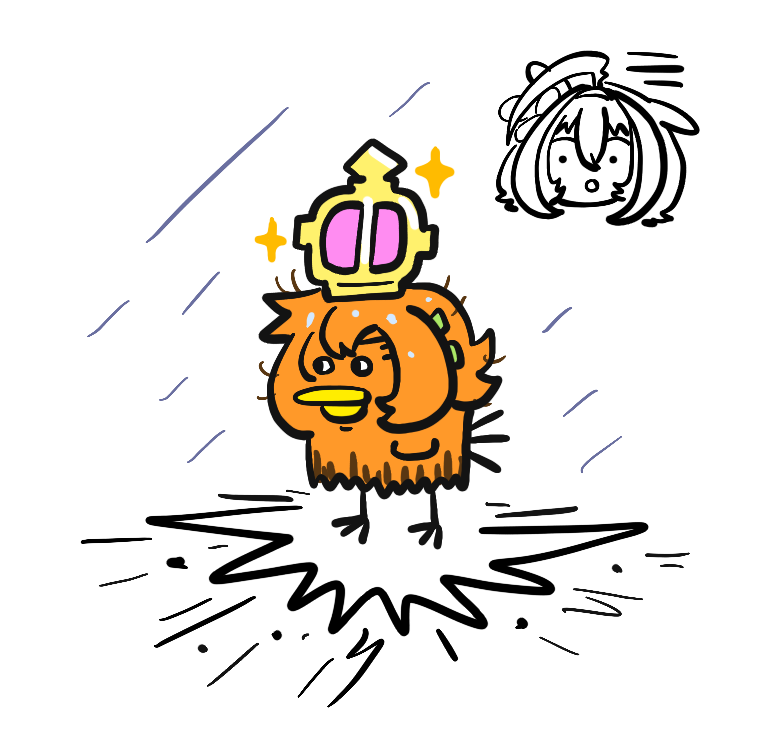 1girl, ahoge, animal_ears, animal_focus, animalization, beak, bird, crown, ears_down, horse_ears, horse_girl, meisho_doto_(umamusume), meme, mini_crown, opera_o_bird_(meme), orange_hair, pikminpreggedup, rain, short_hair, t.m._opera_o_(umamusume), umamusume