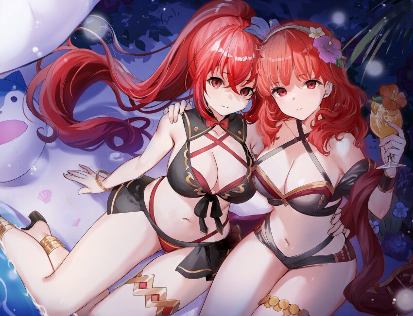 2girls, ;), absurdres, alternate_color, armlet, beach, bikini, black_bikini