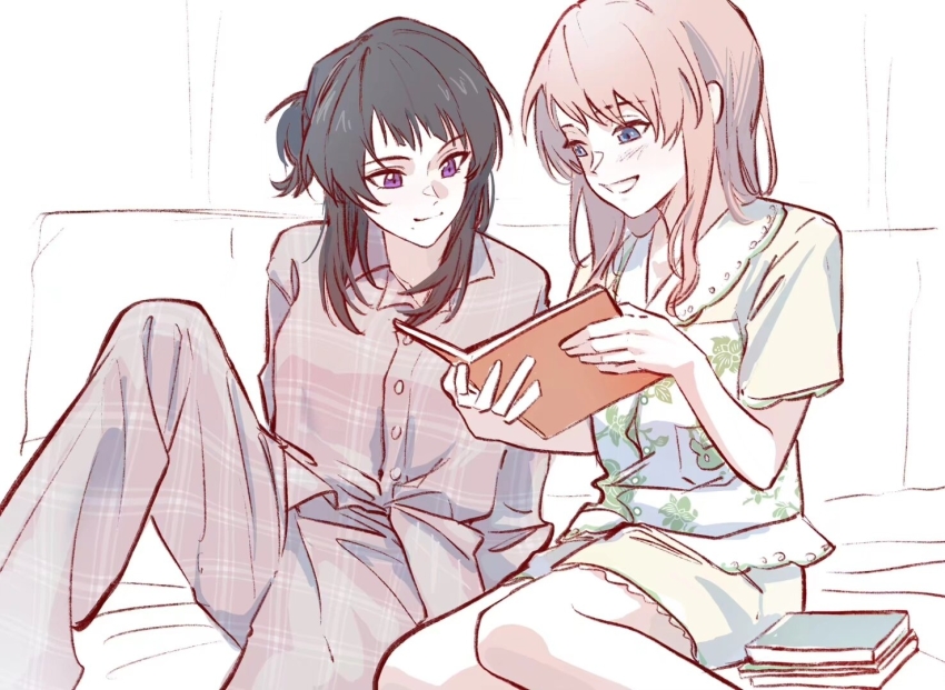 2girls, bang_dream!, bang_dream!_it's_mygo!!!!!, black_hair, blue_shorts, book, chinese_commentary, closed_mouth