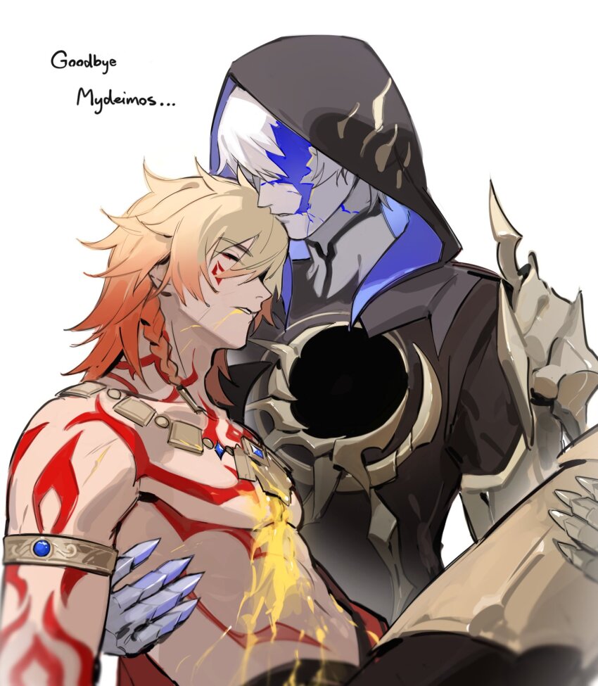 2boys, arm_tattoo, armlet, black_cloak, black_coat, black_pants, blonde_hair, blood