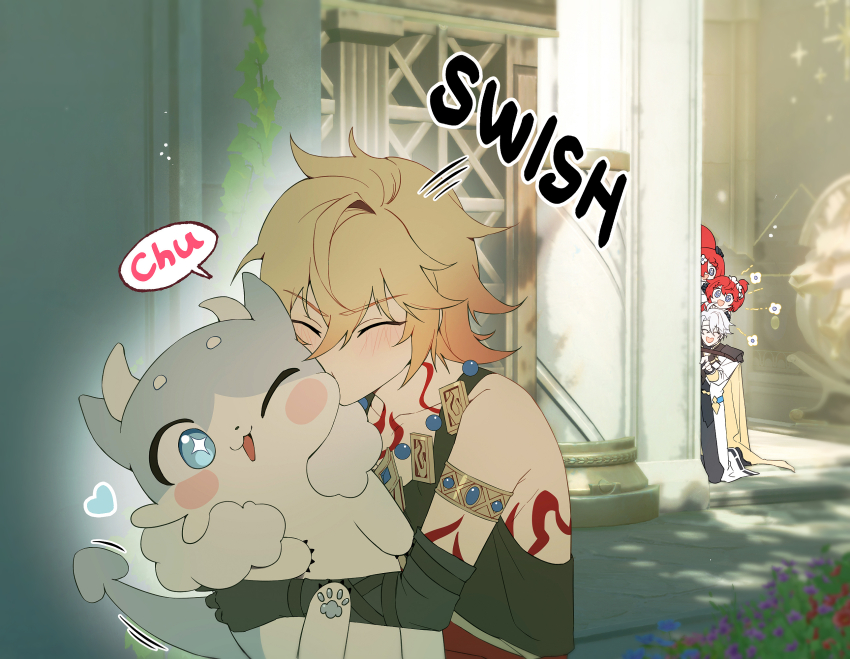 1girl, 2boys, aged_down, arm_tattoo, armlet, black_gloves, black_shirt, black_tank_top