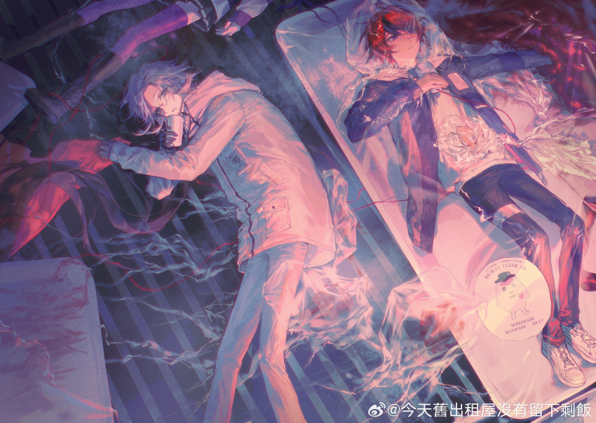 1girl, 2boys, absurdres, amemiya_darumi, aotsuki_eito, black_boots, black_pants, boots