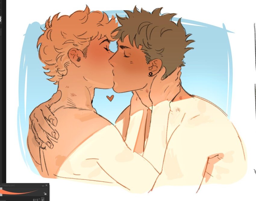 2boys, ace_of_diamond, art_program_in_frame, blonde_hair, blue_background, closed_eyes, commentary, couple