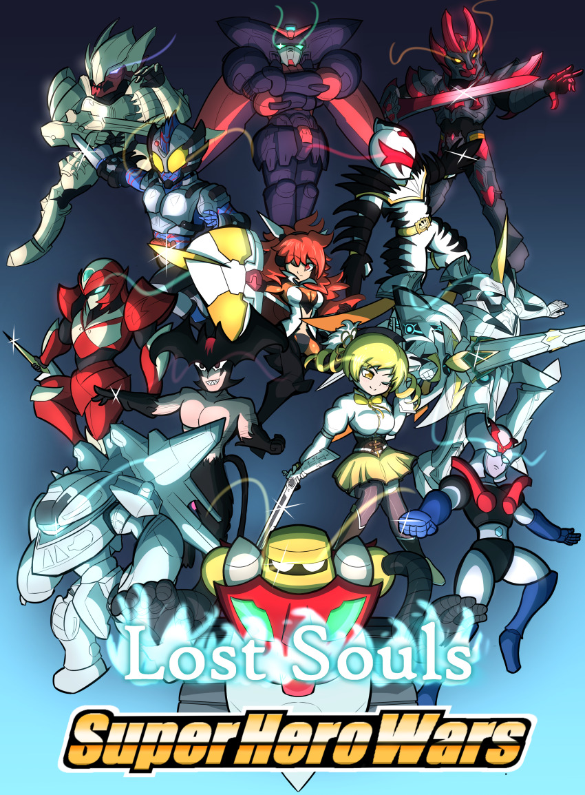 2girls, 6+boys, abare_killer, absurdres, amou_kanade, bakuryuu_sentai_abaranger, blonde_hair, blue_background